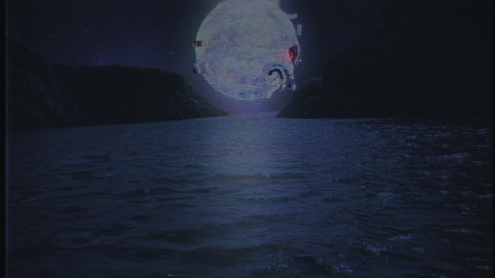 Glitch art moon over water at night