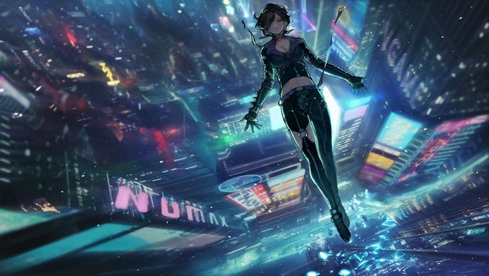 Anime girl falling in a futuristic cyber city