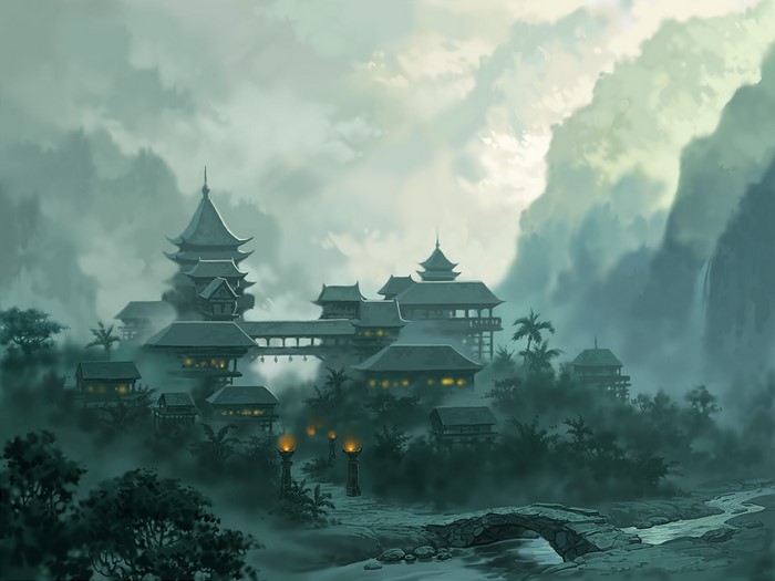 Asian architecture in a misty mountain landscape with a river