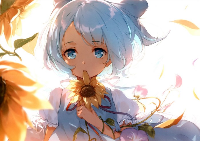Cirno from Touhou holding a sunflower