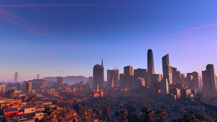 San Francisco cityscape at sunrise with Golden Gate Bridge