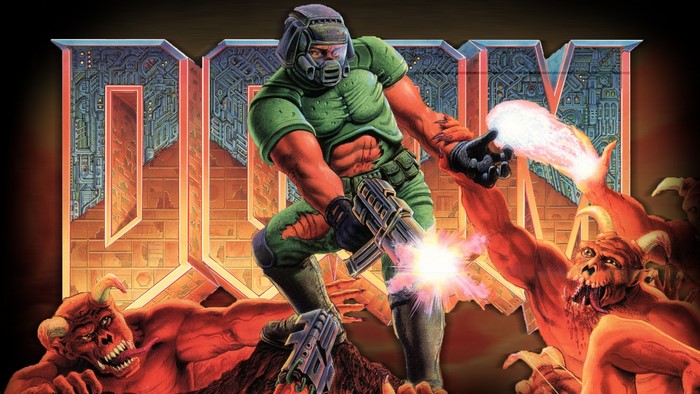 Doomguy fighting demons in front of the Doom logo