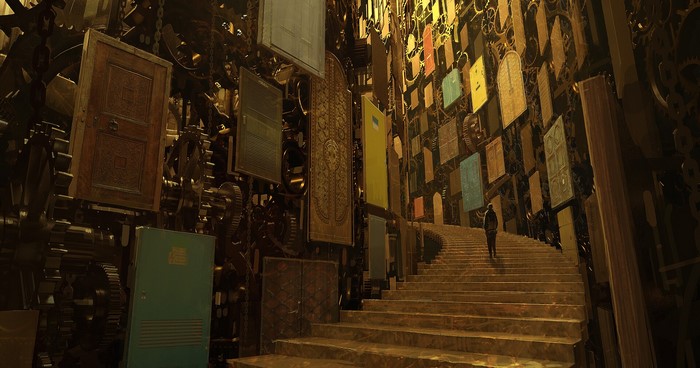 Fantasy artwork of doors and gears with stairs