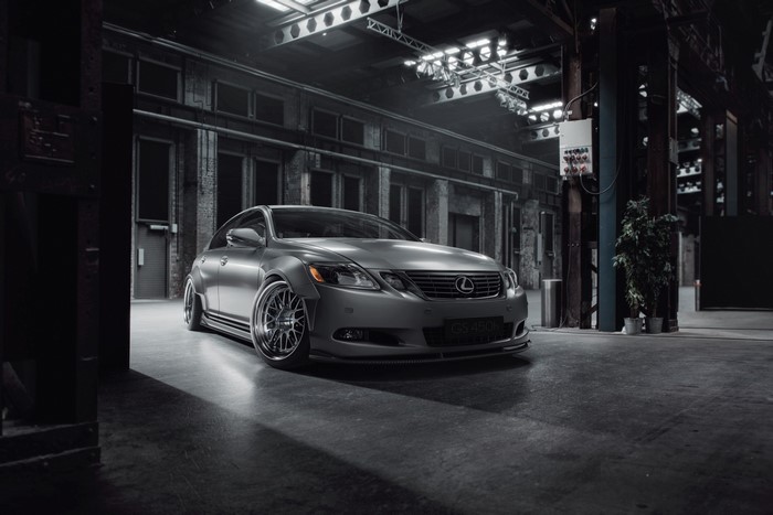 Silver Lexus GS Widebody in Industrial Warehouse