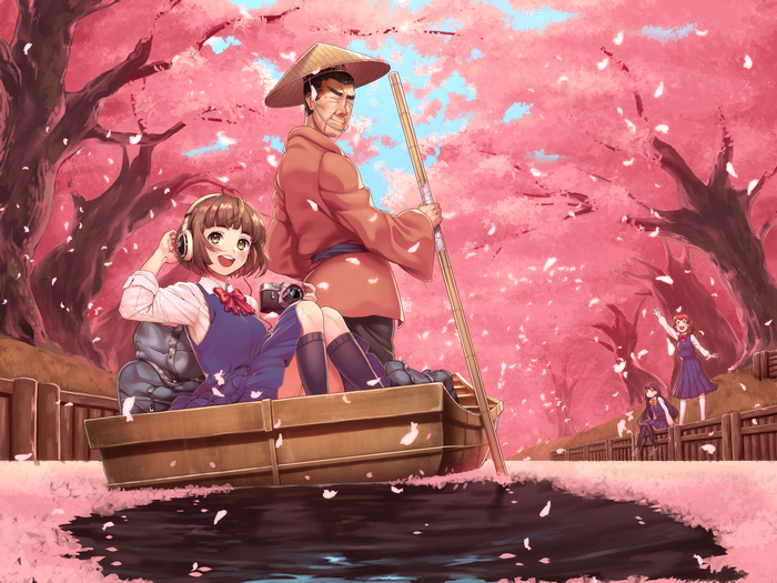 Anime girl and man in a boat under cherry blossoms