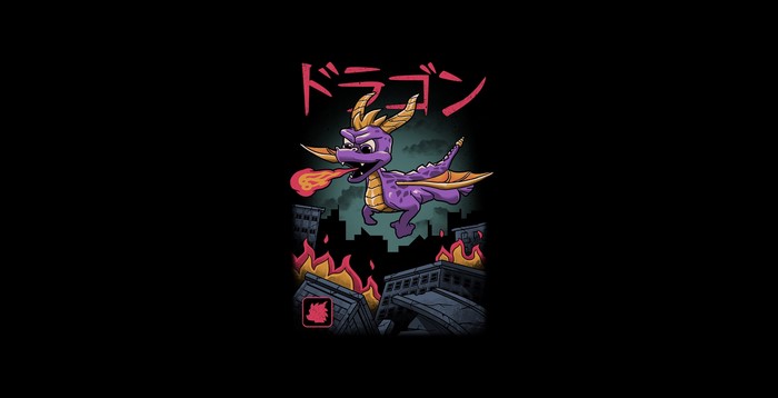 Spyro the Dragon breathing fire on a city