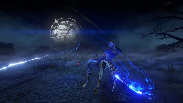 Valkyr from Warframe in a dark, foggy environment