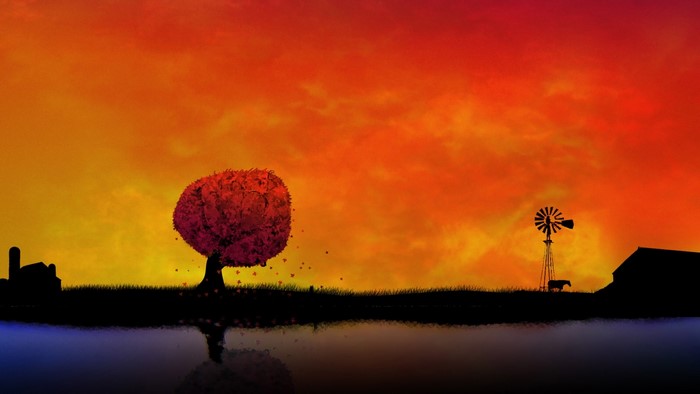 Digital painting of a farm at sunset with a lake