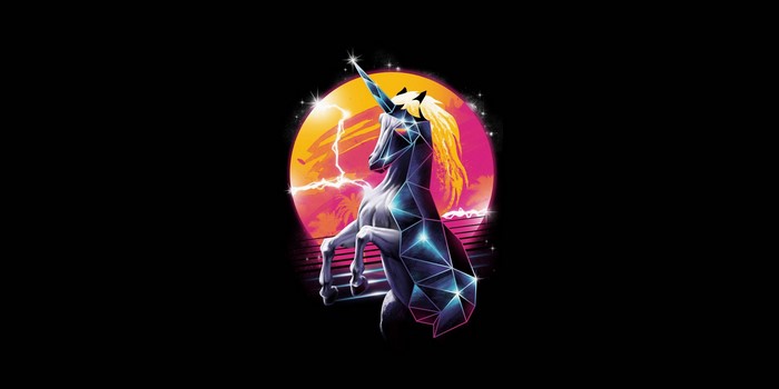 Geometric unicorn against a retro sunset