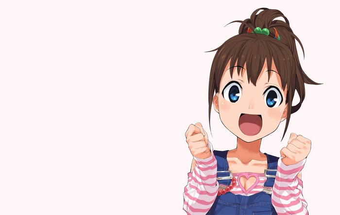 Girl with brown hair in a ponytail wearing overalls
