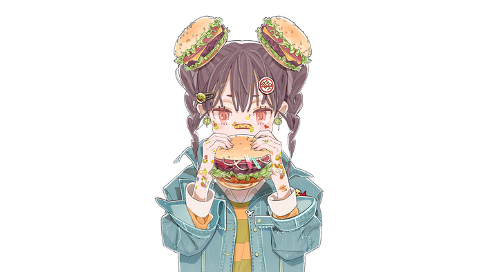Anime girl with hamburgers in hair eating a hamburger