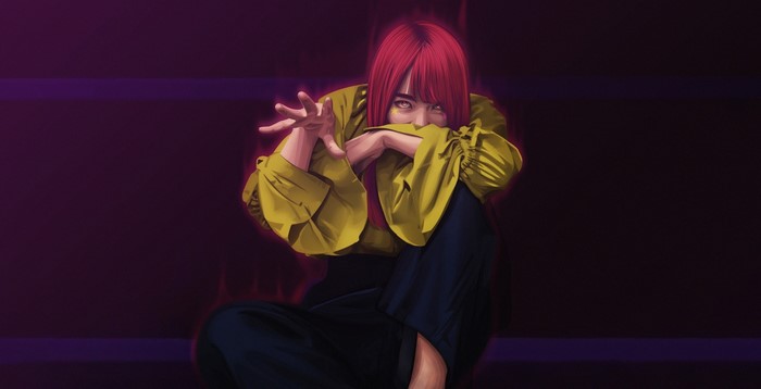 Woman with red hair and yellow eyes