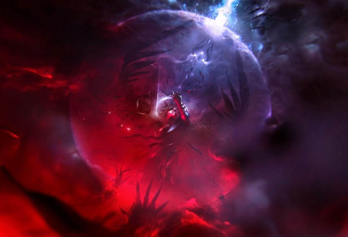 Dark fantasy art with a warrior in a glowing orb