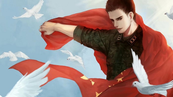 Man in military uniform with Chinese flag and doves