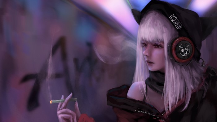 Frostleaf from Arknights smoking with headphones