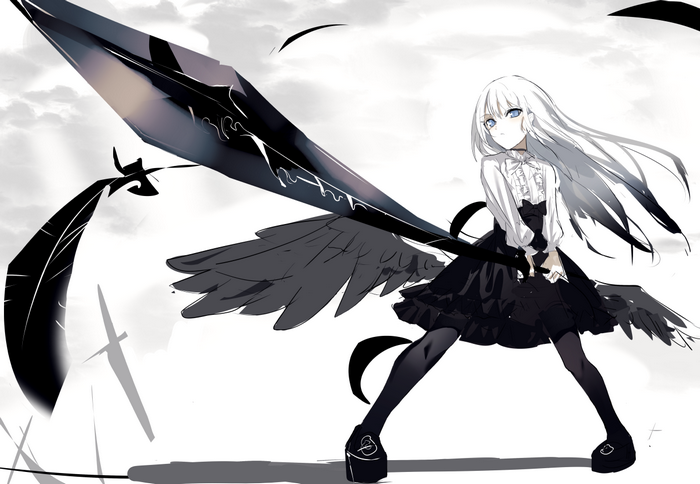 Anime girl with white hair and black wings holding a scythe