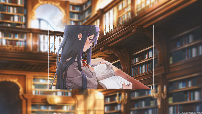 Yuri from Doki Doki Literature Club reading in a library