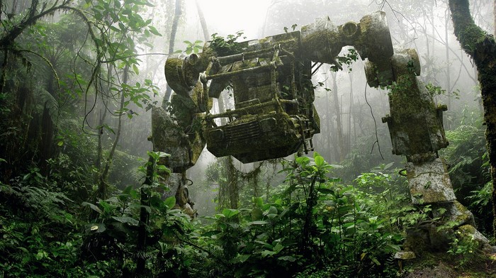 Moss-covered mech wreck in a misty jungle