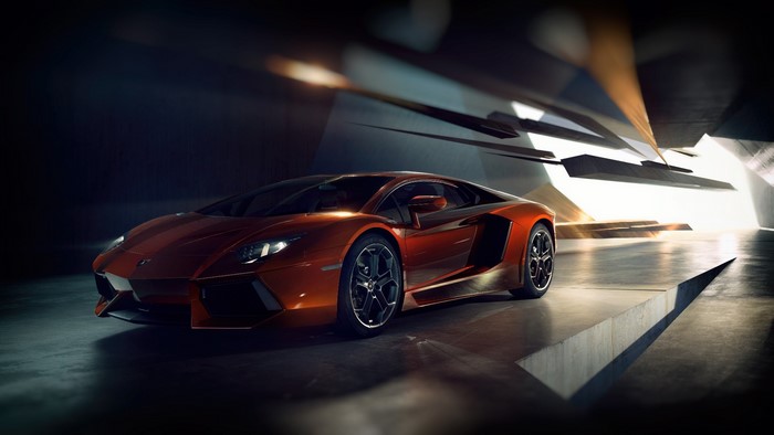 Orange Lamborghini Aventador in a futuristic setting