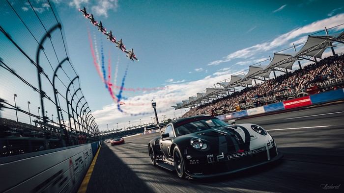 Porsche 911 GT3 R on Racetrack with Air Show