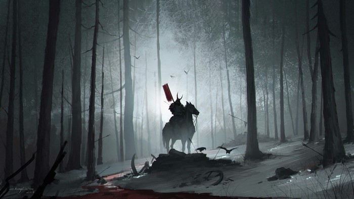 Samurai warrior on horseback in a dark, bloody forest