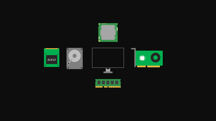 Computer hardware components around a monitor