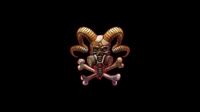 Skull with horns and gas mask with crossbones