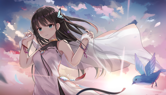 Anime girl with butterfly and bird in sky