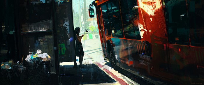 Woman at bus stop with phone, concept art by Thomas Dubois