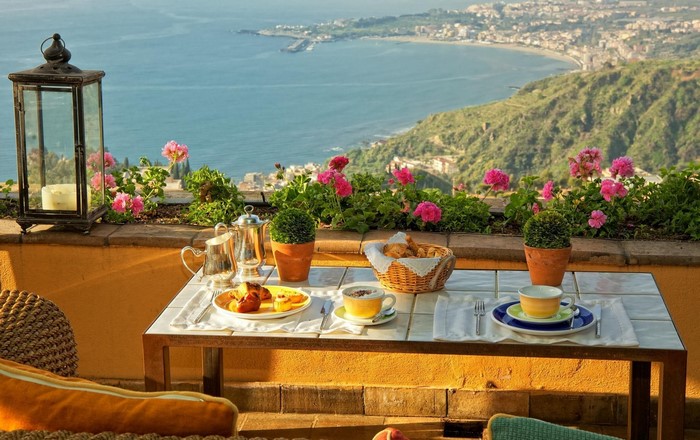 Balcony breakfast overlooking Taormina, Sicily