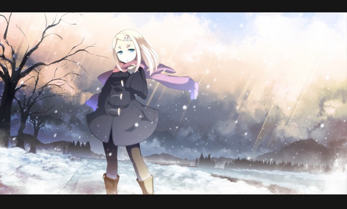Anime girl in winter landscape with snow and mountains