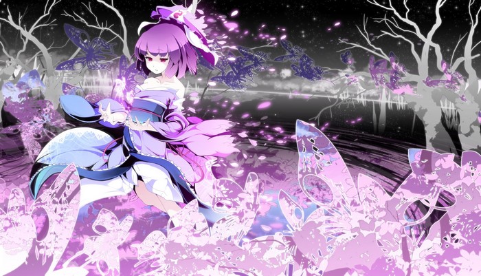 Saigyouji Yuyuko from Touhou with pink hair and red eyes