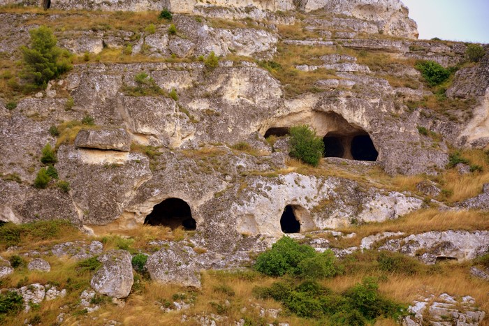 Caves in the rocky hills of Matera, Italy