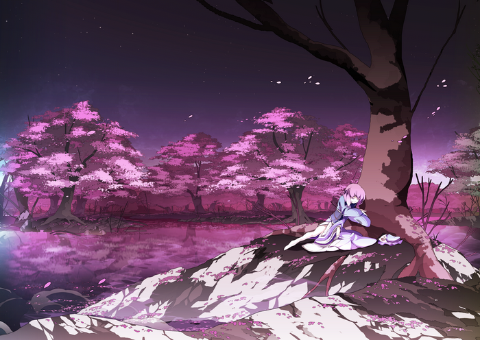 Saigyouji Yuyuko from Touhou sleeping by a lake