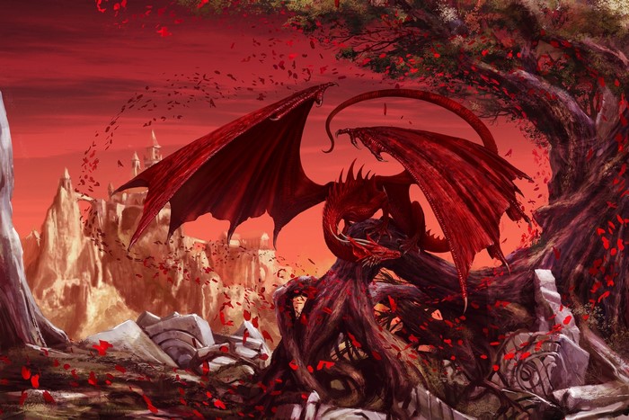 Red Dragon perched on a tree with castle in background