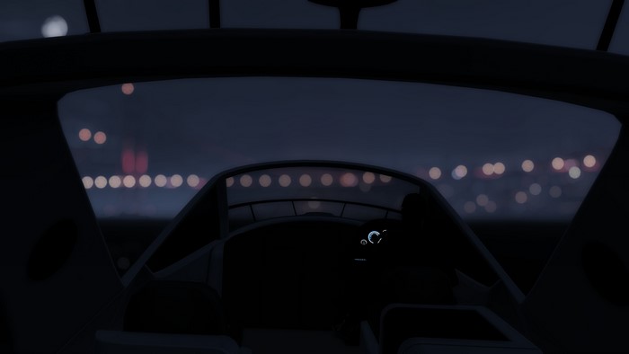 View from a boat at night with city lights