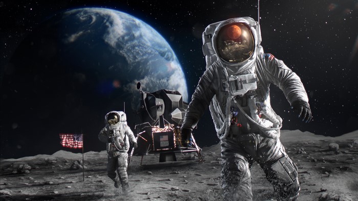 Astronauts on the Moon with Earth in the background