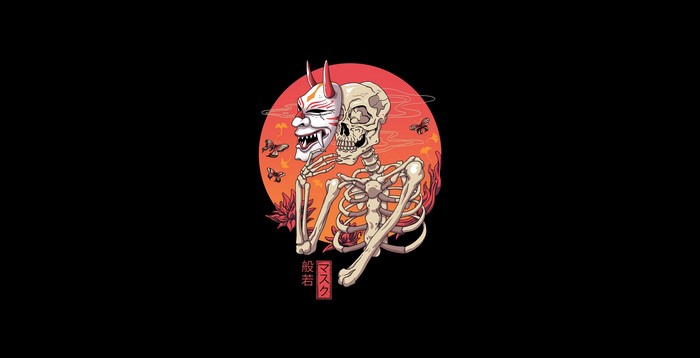 Skeleton holding a Japanese Oni mask