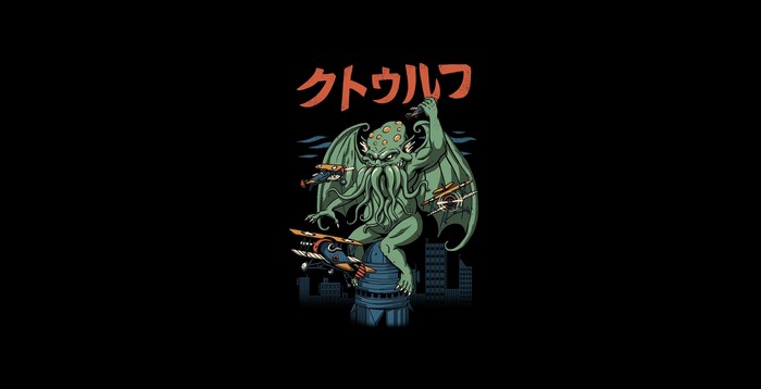 Cthulhu fighting biplanes over city
