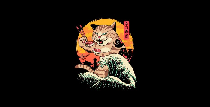 Cat eating sushi in front of a Japanese wave and sunset