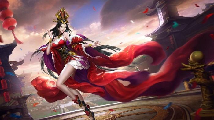 Fantasy Asian Girl in Flowing Red Robes