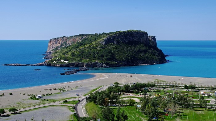 Island and beach in Praia a Mare, Calabria, Italy