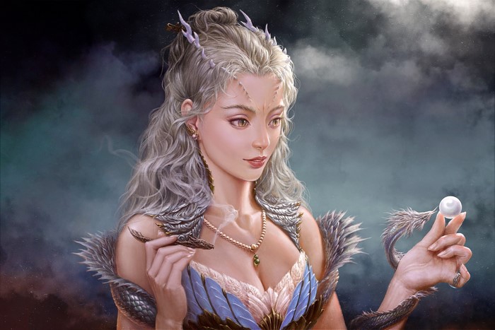 Fantasy girl with dragon features holding a pearl
