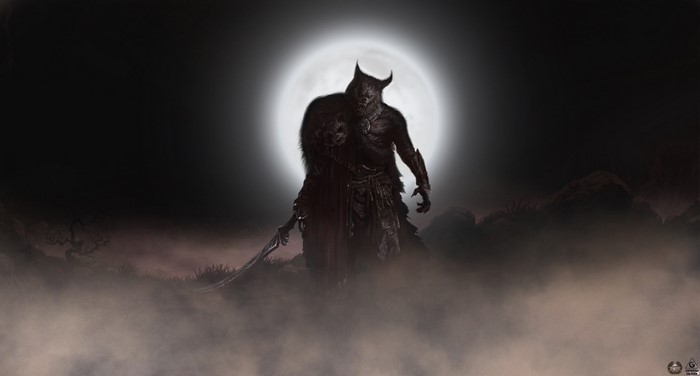 Werewolf warrior with sword under the moon