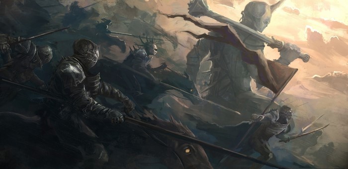 Warriors in armor on horseback with a giant figure