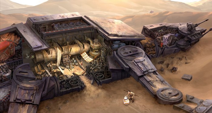 Rey and BB-8 with crashed AT-AT in Star Wars desert