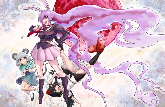 Touhou: Reisen, Nazrin, and Aya under a red moon