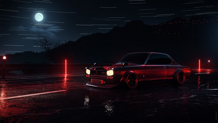 Red Nissan Skyline GT-R C10 on a wet road at night
