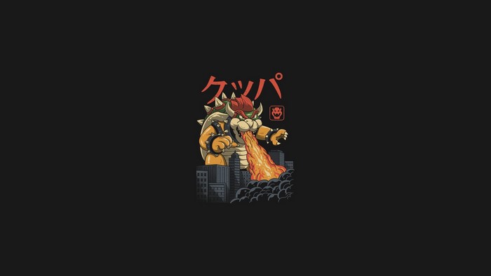 Bowser breathing fire on city in minimalist art