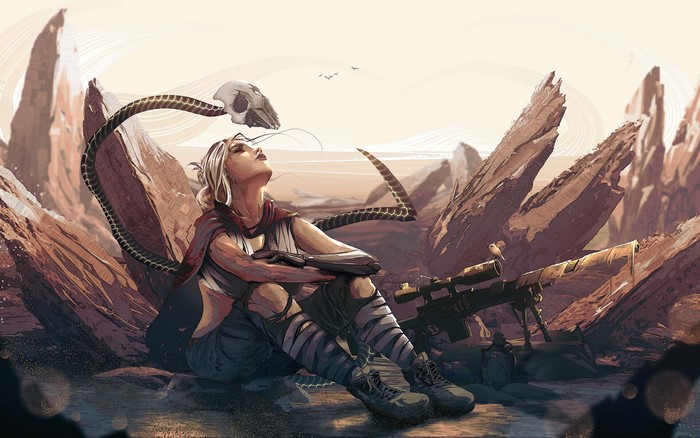 Fantasy girl with sniper rifle and snake skull